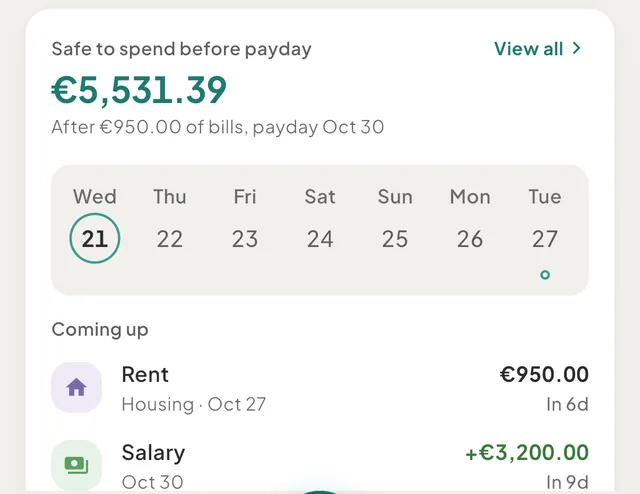 The Safe to spend card on Home showing €990.00 after €980.00 of bills