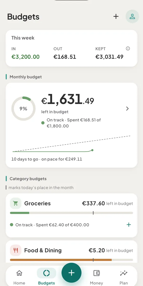 The Budgets tab with the This week card, the monthly budget card and category budget rows