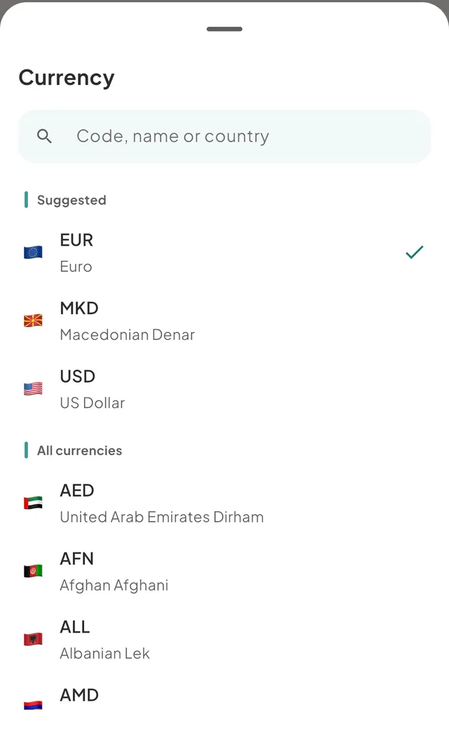 The Main currency sheet with a search field and the Suggested and All currencies lists