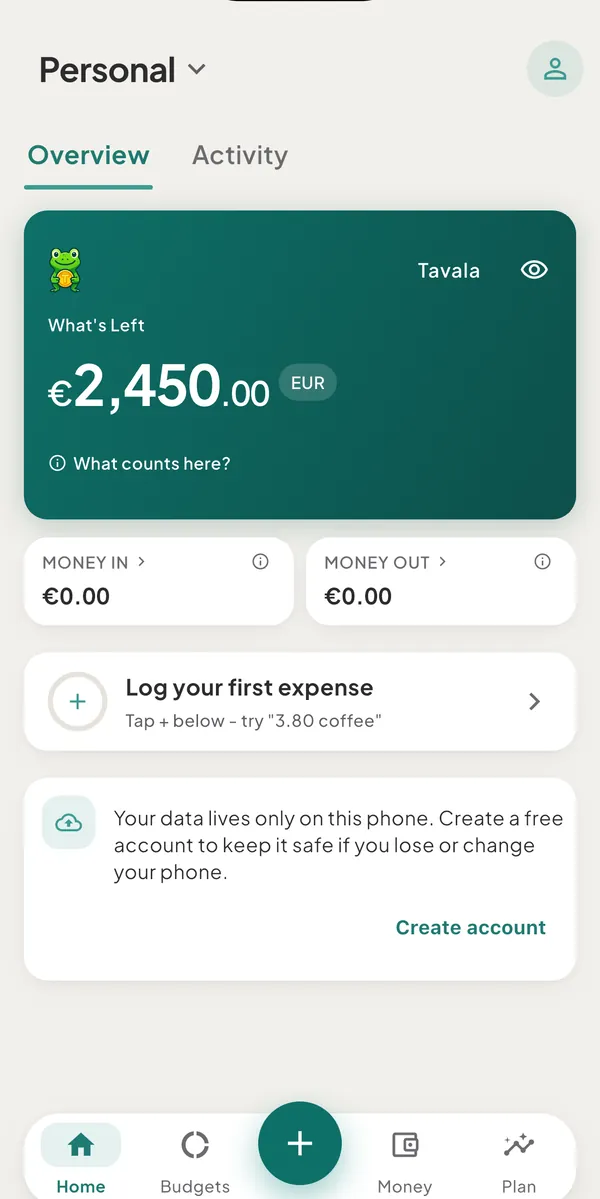 Home after the first entry: the What's Left card with the line "€4.80 out this month" and the new coffee entry
