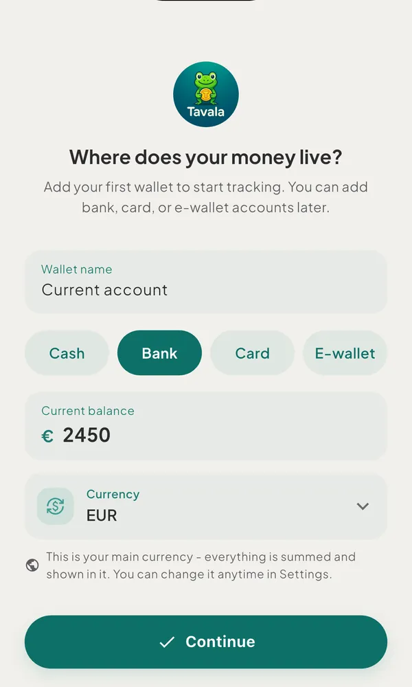 The wallet screen with a wallet name, the four type pills, a current balance and the currency row