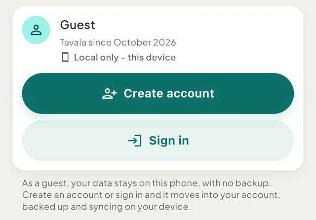 The Settings screen as a guest: the Guest card with the line "Local only - this device" and the buttons Create account and Sign in