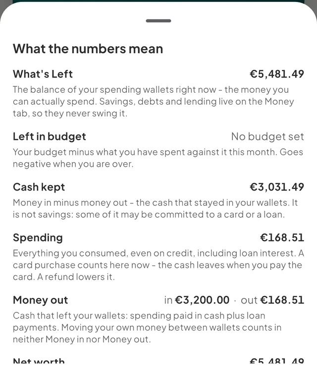 The "What the numbers mean" sheet listing What's Left, Left in budget, Cash kept, Spending, Money out and Net worth, each with its figure and a sentence