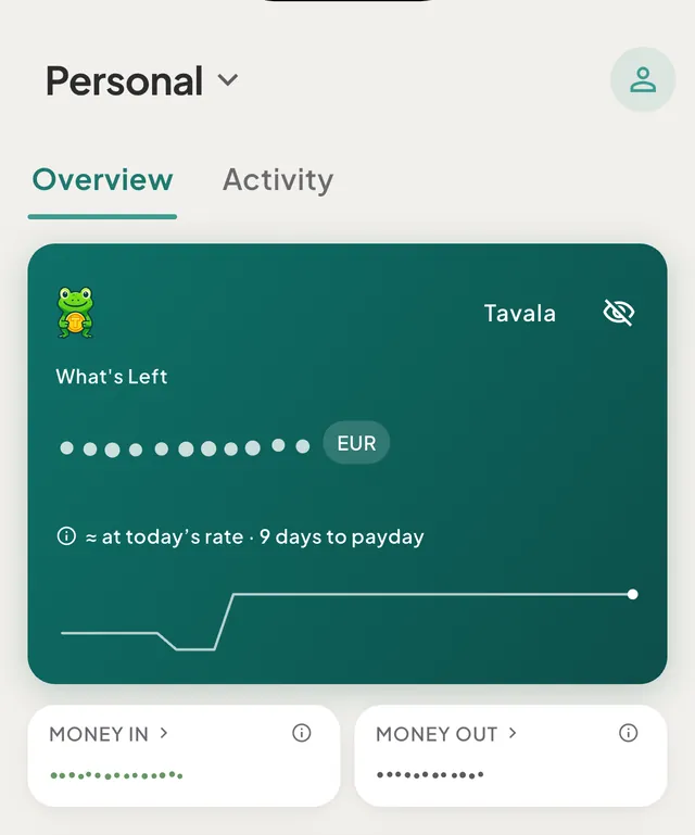 Home with the balance card's amounts replaced by dots and the eye icon at the card's top edge