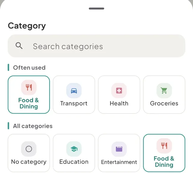 The Category picker with Often used showing Food & Dining, Transport, Health and Groceries above All categories