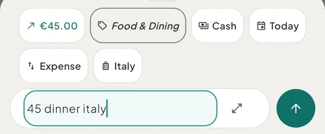 The capture bar reading "45 dinner italy" in a space with a trip called Italy, with chips for €45.00, Food & Dining in italics, Cash, Today, Expense and the trip chip Italy