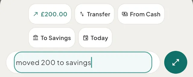 The capture bar reading "moved 200 to savings", with chips for £200.00, Transfer, From Cash, To Savings and Today, and no category chip