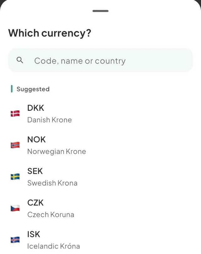 The Which currency? sheet with DKK, NOK, SEK, CZK and ISK under Suggested
