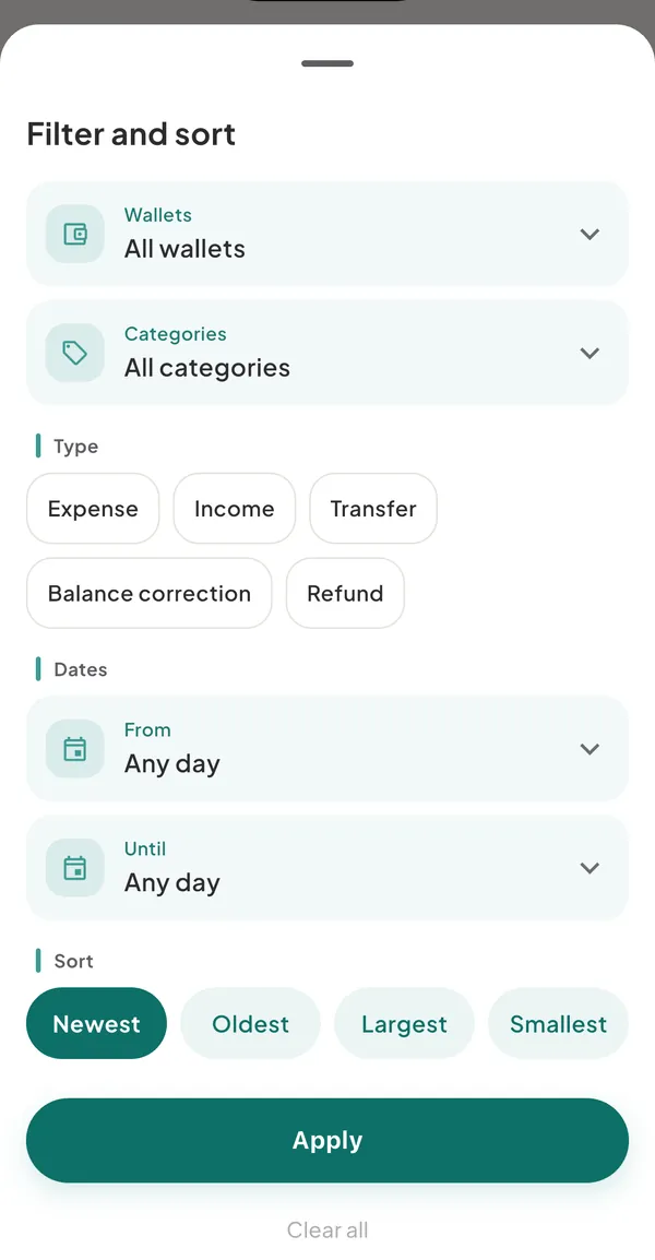 The Filter and sort sheet with Wallets, Categories, Type, Dates and Sort, and the Apply button