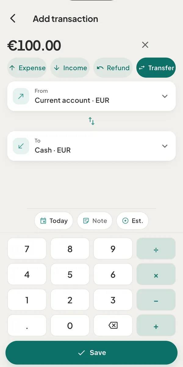 The full form set to Transfer, with From Current account · EUR, To Cash · EUR and the amount €100.00