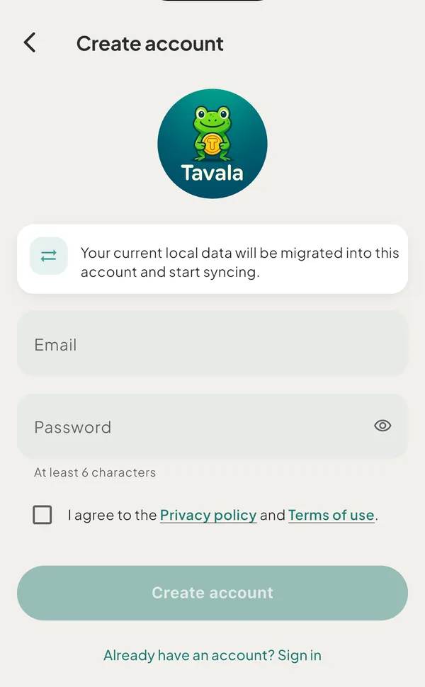 The Create account form with the Email and Password fields, the consent checkbox and the Create account button
