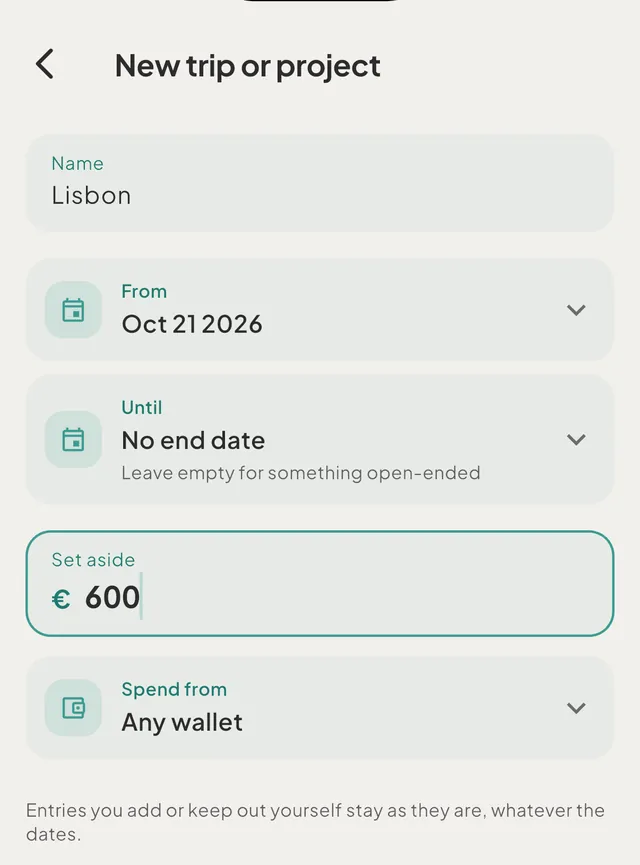 The New trip or project form with a name, dates, a set aside amount and a Spend from wallet