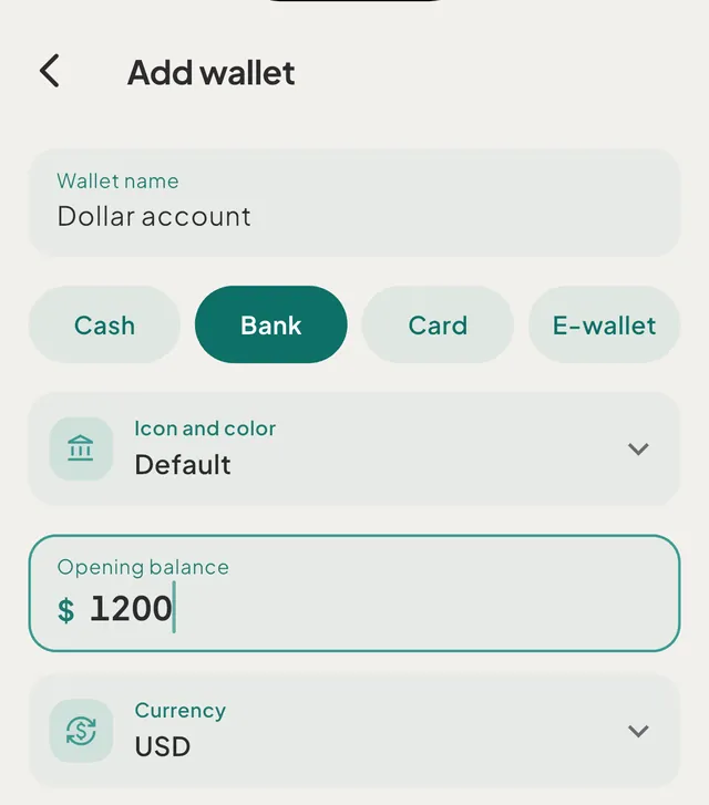 The Add wallet form with a wallet name, the Cash, Bank, Card and E-wallet pills, an Icon and color row, an Opening balance field and a Currency row
