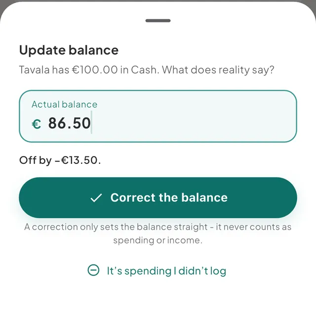 The Update balance sheet for the Cash wallet, with an Actual balance field, an "Off by" line and the Correct the balance button